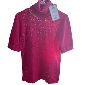 BY Design Womens Hot Pink Rhinestone Short Sleeve Turtleneck Sweater Size M NEW